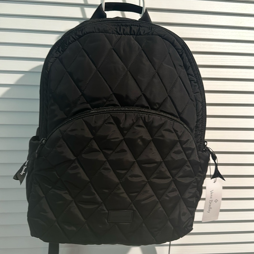 NWT Vera Bradley Large Black Quilted Backpack with outside zipper pocket.
